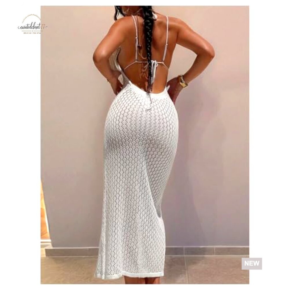 Women's 3D Floral Crochet Cover Up Halter Beach Dress Backless Swimwear - Picture 2 of 4
